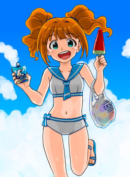 1girl :d aqua_eyes bag bikini cloud cloudy_sky commentary_request coolish food highres holding holding_food idolmaster idolmaster_(classic) lawson looking_at_viewer naruse_ill navel open_mouth orange_hair plastic_bag popsicle running_towards_viewer sailor_bikini sailor_collar sailor_swimsuit_(idolmaster) sandals sky smile solo swimsuit takatsuki_yayoi teeth twintails upper_teeth_only watermelon_bar