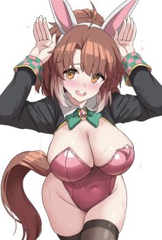 1girl alternate_costume animal_ear_hairband animal_ears arms_up black_shrug black_thighhighs blush bow bowtie breasts brown_eyes brown_hair brown_tail cleavage commentary_request cowboy_shot dantsu_flame_(umamusume) fake_animal_ears green_bow green_bowtie hairband highleg highleg_leotard highres horse_ears horse_girl horse_tail kibihimi large_breasts leaning_forward leotard long_hair looking_at_viewer nervous_smile open_mouth pink_leotard rabbit_ear_hairband rabbit_ears shrug_(clothing) simple_background skindentation smile solo strapless strapless_leotard sweat tail thighhighs thighs umamusume white_background white_streaks