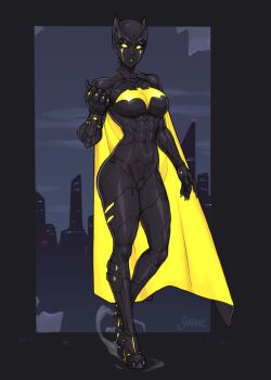 abs armor batgirl batman_(series) batman_beyond breasts cape city commission dc_comics highres looking_at_viewer mask muscular night original shardanic solo standing