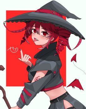1girl absurdres cropped_shirt demon_tail detached_wings drill_hair grey_hat grey_shirt grey_skirt halloween hand_up hat highres kasane_teto long_sleeves looking_at_viewer low_wings midriff mini_wings nail_polish outside_border red_background red_eyes red_hair red_nails seibutsu_(kaibu23_seibutu) shirt side_slit skirt slit_pupils solo tail tongue tongue_out twin_drills upper_body utau wings witch witch_hat