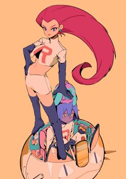 1boy 1girl absurdres bags_under_eyes black_footwear black_gloves blue_eyes boots cockpit crop_top earrings elbow_gloves flat_color gen_1_pokemon gen_2_pokemon gen_7_pokemon gloves hair_slicked_back hand_on_own_hip highres james_(pokemon) jessie_(pokemon) jewelry long_hair looking_at_viewer mareanie matumot meowth miltank miniskirt navel nintendo on_head pastel_colors pokemon pokemon_(anime) pokemon_(creature) pokemon_on_head pokemon_sm_(anime) purple_hair red_hair sitting skirt solo_focus standing team_rocket team_rocket_uniform themed_object thigh_boots very_long_hair