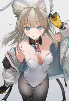 1girl alternate_costume animal_ears arknights arknights:_endfield black_gloves black_pantyhose blue_eyes breasts collarbone commentary covered_navel cowboy_shot detached_collar fake_animal_ears gloves grey_background grey_hair head_wings highres jacket leotard long_hair looking_at_viewer medium_breasts multicolored_gloves off_shoulder open_clothes open_jacket pantyhose parted_lips perlica_(arknights) playboy_bunny poki_(j0ch3fvj6nd) rabbit_ears simple_background solo strapless strapless_leotard thigh_strap two-tone_gloves white_jacket white_leotard wings yellow_gloves