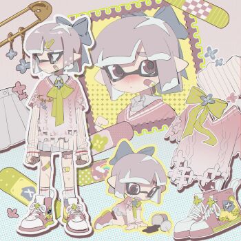 1girl :/ ankle_socks arms_at_sides bandaid bandaid_on_face bandaid_on_leg blue_bow blush bow bowtie brooch brown_eyes brown_hair chibi chibi_inset clenched_hands closed_mouth collared_shirt cup detached_sleeves disposable_cup drop_shadow flower_brooch frown full_body gradient_sweater green_bow green_bowtie hair_bow hair_ornament hairclip highres inkling inkling_girl inkling_player_character jewelry long_sleeves medium_hair namazuoku nintendo outline pink_sweater pointy_ears polka_dot polka_dot_background sad safety_pin scrape shirt single_tear sitting socks solo spill splatoon_(series) standing sweater sweater_vest tentacle_hair wariza white_outline white_shirt white_socks white_sweater yellow_outline