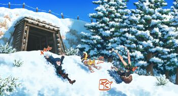 Rule 34 | !?, +++, 3girls, alternate costume, anger vein, animal ears, bandaged foot, bandaged hand, bandages, black jacket, black shirt, black skirt, blue dress, blue hair, blue sky, boots, brown boots, brown jacket, brown pantyhose, brown shoes, closed eyes, commentary, day, dress, english commentary, fox ears, fox girl, fox tail, fur-trimmed jacket, fur-trimmed sleeves, fur trim, highres, himemushi momoyo, iizunamaru megumu, jacket, kudamaki tsukasa, lace-up boots, long hair, long sleeves, multiple girls, open mouth, outdoors, pantyhose, shirt, shoes, skirt, sky, sliding, smile, snow, spoken anger vein, spoken interrobang, suteruko, tail, touhou, tree, winter, winter clothes