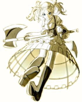 1girl absurdres axe black_boots black_gloves blue_eyes boots breasts crinoline dress fire_emblem fire_emblem_awakening frilled_dress frills from_below full_body gloves hashtag-only_commentary highres holding holding_axe knee_boots kwajia3 lissa_(fire_emblem) looking_at_viewer nintendo pale_color short_twintails simple_background small_breasts smile solo twintails underbust white_background