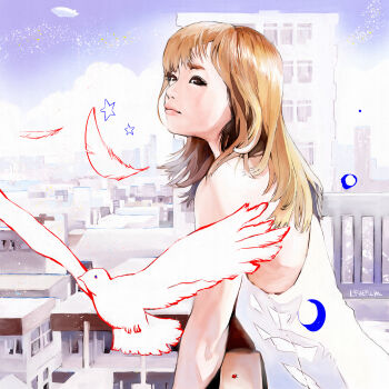 1girl absurdres aircraft bird blue_sky bug building city commentary_request dirigible dove dress falling_feathers feathers from_side highres insect kamata_hiroko ladybug li_(lithium0522) real_life signature sky skyscraper solo star_(symbol) upper_body white_dress