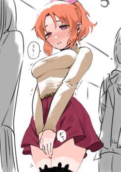 1girl abe_nana between_legs black_thighhighs blush breasts cowboy_shot embarrassed female_focus hair_ribbon half-closed_eyes hand_between_legs highres idolmaster idolmaster_cinderella_girls idolmaster_cinderella_girls_starlight_stage japanese_text long_sleeves looking_down medium_breasts miniskirt nakonako_sir nose_blush orange_hair own_hands_together parted_lips pink_ribbon ponytail queue raised_eyebrows red_eyes red_skirt ribbon shirt_tucked_in short_hair sidelocks sketch skirt solo_focus speech_bubble standing sweat sweater tears teeth thighhighs thighs translated trembling white_background white_sweater zettai_ryouiki