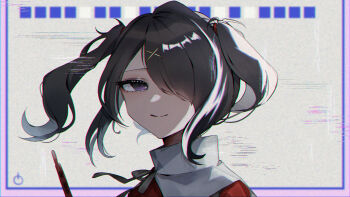 1girl ame-chan_(needy_girl_overdose) black_hair black_ribbon dress eyelashes glitch hair_ornament hairpin highres internet loading_screen looking_at_viewer needy_girl_overdose one_eye_covered phone purple_eyes ribbon sad sad_smile sasami4715 short_hair sidelocks smile solo static twintails upper_body