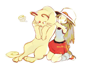 1girl :d brown_eyes brown_hair bucket_hat hair_flaps hat leaf_(pokemon) lillin long_hair loose_socks nintendo open_mouth persian_(pokemon) pleated_skirt pokemon pokemon_frlg red_skirt shirt shoes simple_background skirt sleeveless sleeveless_shirt smile socks squiggle white_background white_hat white_shoes