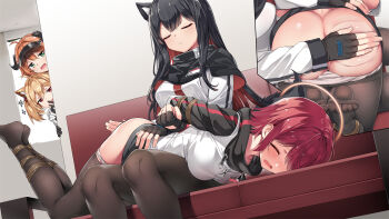 4girls animal_ear_fluff animal_ears anus arknights arms_behind_back ass black_gloves black_hair black_pantyhose blonde_hair bound bound_arms bound_legs breasts brown_hair character_request closed_eyes couch cross-section crying exusiai_(arknights) fingerless_gloves gloves green_eyes hiding highres horns jacket kataokasan long_hair looking_at_another lying medium_breasts multiple_girls on_couch on_lap open_mouth pantyhose pussy_juice red_eyes red_hair shibari shibari_over_clothes short_hair sitting skindentation spanking texas_(arknights) very_long_hair