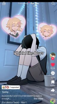 1boy absurdres aoiro_arts arms_up basil_(faraway)_(omori) basil_(omori) black_footwear black_hair black_sweater_vest blonde_hair blush brown_shorts closed_eyes collared_shirt hands_on_own_head highres i_think_i_like_boys_(meme) knees_up male_focus meme omori open_mouth photo_background shirt short_hair short_sleeves shorts sitting smile socks solo sunny_(omori) sweater_vest tiktok white_shirt white_socks yaoi
