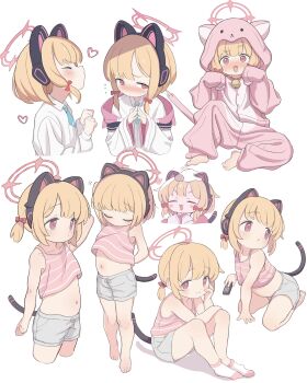 >_< ... 1girl :3 :o absurdres animal_ear_headphones animal_ears bare_legs barefoot belly blonde_hair blue_archive blue_necktie blush bow bowtie camisole cat_ear_headphones cat_ears cat_pajamas cat_tail clenched_hands closed_eyes clothing_request controller embarrassed fake_animal_ears fake_tail fang furrowed_brow grey_shorts halo headpat headphones heart highres holding holding_remote_control hood hoodie ketsu_juuji_killer_(kejuki) light_smile looking_at_viewer looking_to_the_side midriff_peek momoi_(blue_archive) navel necktie open_mouth pajamas paw_pose pink_bow pink_camisole pink_eyes pink_halo pink_hoodie pink_pajamas raised_eyebrow red_bow red_eyes remote_control shirt short_hair short_twintails shorts simple_background socks solo tail toes twintails white_background white_shirt