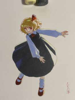1girl art_tools_in_frame ascot black_skirt black_vest blonde_hair hair_ribbon highres long_sleeves marker_(medium) photo_(medium) red_ascot red_eyes red_shoes ribbon rumia shiratama_(hockey) shirt shoes skirt socks solo touhou traditional_media vest white_shirt white_socks