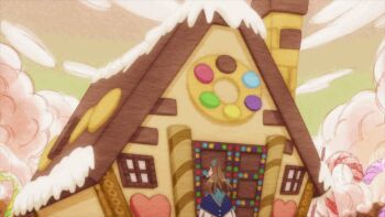 1girl animated animated_gif belly breasts brown_hair candy chocolate cookie donut eating food gingerbread_house inflation katarina_claes long_hair otome_game_no_hametsu_flag_shika_nai_akuyaku_reijou_ni_tensei_shite_shimatta outdoors weight_gain