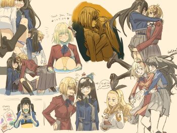 3girls anjuro_zeeku between_legs black_bow black_hair blonde_hair blue_dress blush bow bow_hairband camera carrying carrying_person cherry chisato_carrying_takina_(lycoris_recoil) closed_eyes commentary dress english_commentary english_text food food_on_face fruit grin hair_ribbon hairband hand_on_another&#039;s_shoulder highres holding holding_camera holding_plate hug hug_from_behind implied_fingering inoue_takina kurumi_(lycoris_recoil) lycoris_recoil lycoris_uniform medium_hair multiple_girls nishikigi_chisato one_side_up open_mouth panties panty_pull plate purple_eyes purple_panties red_dress red_ribbon ribbon shirt simple_background smile underwear white_shirt yellow_background yuri