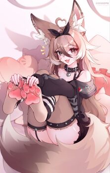 1girl :3 absurdres ahoge animal_ear_fluff animal_ears animal_feet anti-eyebrow_piercing arhunova artist_name bare_shoulders belt_collar black_bow black_collar black_hoodie black_nails black_shorts bow brown_eyes brown_fur brown_hair brown_tail collar commentary commission crossed_bangs double-parted_bangs effinfox english_commentary face_piercing fang feet fennec_fox fox_ears fox_girl fox_tail hair_between_eyes hair_bow heart heart-shaped_lock heart_ahoge highres hood hoodie hoodie_partially_removed indie_virtual_youtuber long_hair long_sleeves looking_at_viewer nail_polish notice_lines open_mouth piercing shadow short_shorts shorts sitting skin_fang smile solo spiked_collar spiked_thigh_strap spikes tail thigh_strap thighs virtual_youtuber