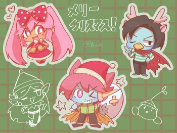 Rule 34 | > o, 1girl, 2boys, alternate costume, black hair, black pants, blue skin, bow, cape, captain spaceboy, chibi, chibi only, colored skin, commentary request, dark-skinned female, dark skin, double-parted bangs, earrings, grin, hair between eyes, hair bow, hat, highres, holding, holding sack, jewelry, long hair, long sleeves, merry christmas, multiple boys, neko a 0628, omori, one eye closed, open mouth, pants, pink bow, pink eyes, pink hair, pointy ears, polka dot, polka dot bow, red cape, red hat, rococo (omori), sack, santa costume, santa hat, shirt, short hair, sidelocks, smile, space pirate (omori), sprout mole, striped clothes, striped shirt, sweetheart (omori), teeth, translated, twintails, very long hair, yellow cape