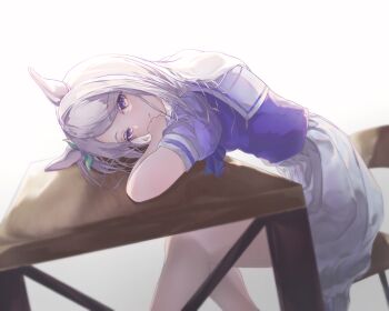 1girl animal_ears bent_over blush closed_mouth commentary from_side highres horse_ears horse_girl mejiro_mcqueen_(umamusume) nyampasu3939 purple_eyes purple_hair purple_shirt sailor_collar school_uniform shirt short_sleeves skirt solo tracen_school_uniform umamusume white_sailor_collar white_skirt