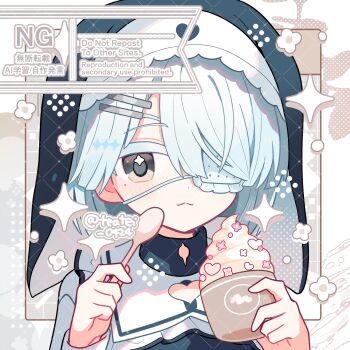1girl :< blue_hair blue_veil blush borrowed_character brown_eyes closed_mouth commentary commission eyepatch food hair_over_one_eye highres holding holding_food holding_ice_cream holding_spoon ice_cream long_sleeves looking_at_viewer original portrait shirocha_tei shirt short_hair skeb_commission solo sparkle spoon twitter_username veil watermark watermark_grid white_shirt