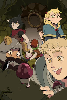 2girls 3boys animal_ears armor beard black_fur black_hair blonde_hair blue_capelet blush body_fur braid brown_hair capelet cat_ears cat_girl cat_tail chilchuck_tims choker discount-supervillain dungeon_meshi dwarf elf facial_hair fake_horns green_eyes halfling helmet highres holding hood hooded_capelet horned_helmet horns izutsumi laios_touden leather_armor long_beard long_hair long_sleeves marcille_donato mismatched_animal_ear_colors multiple_boys multiple_braids multiple_girls mushroom mustache neck_warmer open_mouth pointy_ears red_choker red_scarf scarf senshi_(dungeon_meshi) shirt short_hair smile staff tail thick_mustache yellow_eyes