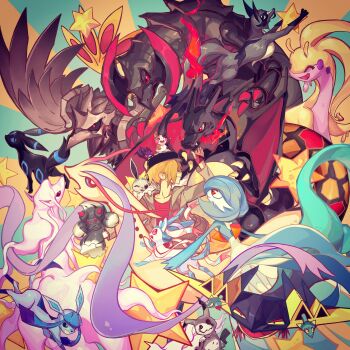 absurdres alcremie alternate_color black_hat blonde_hair charizard corviknight dragapult eevee gardevoir gen_1_pokemon gen_2_pokemon gen_3_pokemon gen_4_pokemon gen_5_pokemon gen_6_pokemon gen_7_pokemon gen_8_pokemon glaceon goodra hat haxorus highres hiro_(user_negm3832) milotic mimikyu morpeko morpeko_(full) morpeko_(hangry) ninetales nintendo pokemon pokemon_(creature) shiny_pokemon star_(symbol) sylveon thievul umbreon