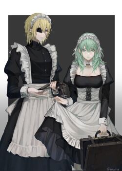 1boy 1girl alternate_costume apron artist_name black_dress blonde_hair breasts briefcase cleavage clothes_lift commentary_request corset crossdressing crossdressing_(mtf) dimitri_alexandre_blaiddyd dress dress_lift eyepatch female_byleth_(awakened)_(fire_emblem) female_byleth_(fire_emblem) fire_emblem fire_emblem:_three_houses green_eyes green_hair gun handgun highres holding holding_briefcase holding_gun holding_weapon lifting_own_clothes long_sleeves looking_at_viewer maid maid_apron maid_headdress medium_breasts medium_hair nintendo official_alternate_eye_color official_alternate_hair_color puffy_long_sleeves puffy_sleeves short_hair standing tricoliet twitter_username waist_apron watermark weapon white_corset