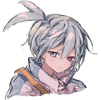 Rule 34 | 1boy, blue eyes, blue hair, closed mouth, commentary request, double-parted bangs, griffon0416, hair between eyes, heterochromia, highres, jacket, looking at viewer, male focus, puyopuyo, red eyes, short hair, sidelocks, sig (puyopuyo), simple background, smile, solo, upper body, white background, zipper, zipper pull tab