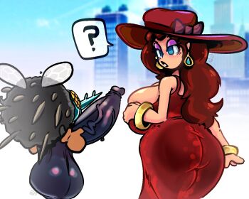 1boy 1girl ? ass blue_eyes breasts bug dress ear_piercing flying grabbing_own_breast hat huge_ass huge_breasts huge_penis huge_testicles looking_back makeup mario_(series) nintendo pauline_(mario) penis penis_grab piercing robe speech_bubble sun_hat super_mario_odyssey surprised testicles veins veiny_penis wings