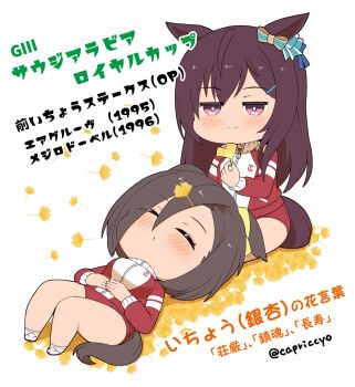 2girls air_groove_(umamusume) animal_ears blush bow breasts brown_hair buruma capriccyo closed_eyes closed_mouth commentary_request ear_bow ears_down ginkgo_leaf gym_shirt gym_uniform hair_between_eyes hair_ornament hairclip half-closed_eyes highres holding holding_leaf horse_ears horse_girl horse_tail jacket lap_pillow large_breasts leaf long_hair lying mejiro_dober_(umamusume) multiple_girls on_back purple_eyes red_buruma red_jacket shirt shoes smile socks tail track_jacket translation_request twitter_username umamusume very_long_hair white_background white_shirt white_shoes white_socks yellow_bow