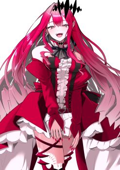 Rule 34 | 1girl, absurdres, baobhan sith (fate), baobhan sith (first ascension) (fate), bare shoulders, blush, breasts, center frills, detached collar, detached sleeves, dress, earrings, fate/grand order, fate (series), frills, grey eyes, highres, jewelry, large breasts, long hair, looking at viewer, nigori (keydoor), open mouth, pink hair, pointy ears, red dress, red thighhighs, sidelocks, smile, solo, thighhighs, thighs, tiara