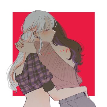 Rule 34 | 2girls, arms around neck, black hair, border, braid, cacioepp, commentary request, crop top, earrings, half up braid, hand on another's waist, highres, hug, jewelry, long hair, multiple girls, off-shoulder shirt, off shoulder, original, outside border, pink shirt, purple shirt, purple streaks, red background, red eyes, red nails, shirt, simple background, white border, white hair, yuri