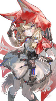 Rule 34 | 1girl, absurdres, animal ears, arknights, arknights: endfield, black gloves, blonde hair, cape, commentary, dress, ears through headwear, fingerless gloves, gloves, highres, hood, hood up, hooded cape, long hair, looking at viewer, low-tied sidelocks, open mouth, pantyhose, red cape, rossi (arknights), sidelocks, simple background, solo, syukonbu, white background, white dress, white pantyhose, yellow eyes