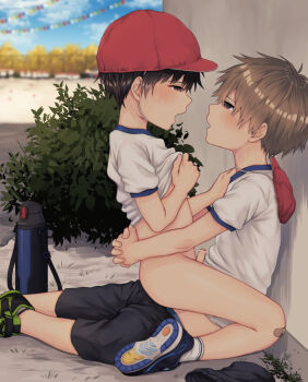 2boys against_wall alk anal ankle_socks bandaid bandaid_on_knee bandaid_on_leg bar_censor baseball_cap black_shorts blonde_hair blue_male_underwear blue_sky blurry blurry_background blush bottle bottomless brown_eyes brown_hair bush censored chinstrap clothed_sex clothes_lift clothes_pull day erection eyebrows eyebrows_hidden_by_hair foreskin from_side full_body green_footwear gym_shirt gym_uniform hat interlocked_fingers kodomo_doushi lifting_own_clothes looking_at_another male_focus male_penetrated male_underwear male_underwear_peek male_underwear_pull multicolored_footwear multiple_boys on_ground open_mouth original outdoors own_hands_together penis profile public_indecency red_headwear sex shirt shirt_lift shoe_soles shoes short_hair short_sleeves shorts shorts_pull shota sitting sky sneakers socks straddling string_of_flags sweat t-shirt thermos underwear underwear_peek unworn_clothes unworn_hat unworn_headwear unworn_shorts upright_straddle water_bottle white_shirt white_socks yaoi