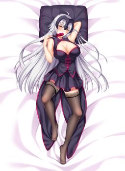 1girl arm_up black_skirt blanket breasts cleavage dakimakura_(medium) erspace fate_(series) grey_hair headpiece jeanne_d&#039;arc_alter_(fate) large_breasts long_hair lying on_back pillow skirt solo thighhighs yellow_eyes zettai_ryouiki