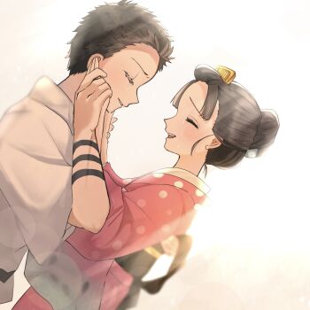 Rule 34 | 1boy, 1girl, black hair, blush, body markings, closed eyes, comb, couple, hakuji (kimetsu no yaiba), hands on another's cheeks, hands on another's face, hetero, highres, holding hands, japanese clothes, kimetsu no yaiba, kimono, koyuki (kimetsu no yaiba), long hair, natsuno mae, open mouth, parted bangs, parted lips, pink kimono, polka dot, polka dot kimono, robe, short hair, sidelocks, smile, tears, updo, upper body, white robe