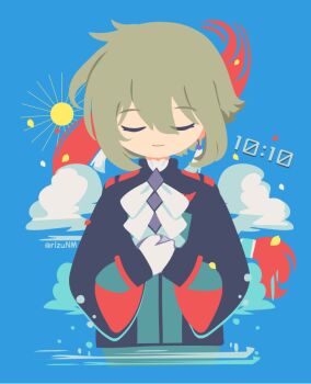 1boy arms_up ascot blue_background closed_eyes closed_mouth collared_jacket cropped_torso elan_ceres gloves grey_hair gundam gundam_suisei_no_majo hair_between_eyes jacket long_sleeves male_focus rizu_(rizunm) short_hair smile solo white_ascot white_gloves