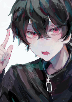 1boy absurdres arako_o black_hair black_jacket commentary_request hair_between_eyes hand_up highres index_finger_raised jacket long_sleeves looking_at_viewer male_focus multicolored_hair open_mouth original pink_eyes pointing portrait shirt short_hair simple_background solo teeth white_background zipper zipper_pull_tab