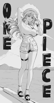 1girl absurdres arm_behind_head arm_up bangle bra_strap bracelet breasts camus_(luthfancamus) cloud cloudy_sky collarbone commentary denim denim_shorts earrings eyelashes feet floating_hair full_body hand_up hat high_heel_sandals highres jewelry large_breasts legs long_hair looking_at_viewer midriff mountainous_horizon nami_(one_piece) navel ocean one_piece outdoors parted_lips sandals shirt short_shorts short_sleeves shorts shoulder_tattoo single_bare_shoulder sky solo straw_hat tattoo thigh_strap tied_shirt toes walking wavy_hair