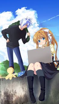 Rule 34 | 1boy, 1girl, air (visual novel), black boots, black dress, black shirt, black socks, blonde hair, blue eyes, blue sky, blush, boots, c:, closed mouth, cloud, collared shirt, commentary request, contrail, cumulonimbus cloud, day, dress, eyebrows hidden by hair, full body, grey hair, hair between eyes, hair over one eye, hair ribbon, hand on own hip, highres, holding, holding sign, kamio misuzu, kneehighs, kunisaki yukito, leaning forward, long hair, looking at another, looking at viewer, outdoors, ponytail, puffy short sleeves, puffy sleeves, ribbon, school uniform, shirt, short hair, short sleeves, sidelocks, sign, sitting, sky, sleeveless, sleeveless dress, smile, socks, spiked hair, standing, straight hair, tareme, tsurime, very long hair, white ribbon, yellow eyes, yellow shirt, yuinarakugaki