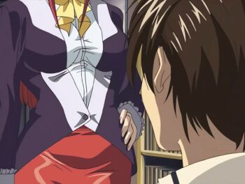 00s 1girl 2001 age_difference animated animated_gif anime_screenshot bible_black bible_black_night_of_the_walpulgiss bow classroom jacket lipstick long_hair makeup mature_female minase_taki older_female_and_younger_male pencil_skirt purple_eyes purple_jacket red_hair red_skirt school shirt skirt smile solo tagme takashiro_hiroko teacher teacher_and_student white_shirt yellow_bow