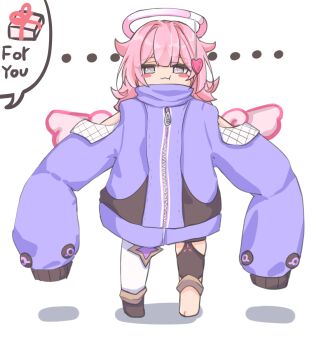 1girl angel_wings asymmetrical_legwear blue_eyes blue_jacket blush_stickers commentary_request elf_elysia english_text halo highres honkai_(series) honkai_impact_3rd jacket korean_commentary kyaong looking_at_viewer mismatched_legwear pink_hair pout short_hair simple_background solo speech_bubble white_background white_wings wings