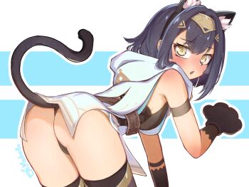 :o amber_(stella_sora) animal_ears animal_hands ass bent_over black_hair blue_background blush breasts candalahina cat_ears cat_tail commentary english_commentary fake_animal_ears gloves hair_between_eyes hairband highres looking_at_viewer paw_gloves paw_pose sideboob sidelocks simple_background stella_sora tail thighs yellow_eyes