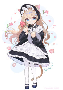 1girl absurdres animal_ears black_bonnet black_dress blonde_hair blue_eyes bonnet cat_ears cat_girl cat_tail commentary_request dress flower frilled_dress frills full_body highres holding holding_flower holding_tray long_hair long_sleeves looking_at_viewer maid maid_day original pantyhose pink_flower shishiodoshi simple_background solo standing tail tray white_pantyhose