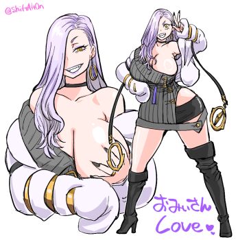 1girl asymmetrical_footwear black_boots black_choker black_nails boots breasts choker cleavage commentary_request contrapposto dress earrings english_text fate/grand_order fate_(series) full_body grabbing_own_breast grin hair_over_one_eye hand_on_own_hip hoop_earrings huge_breasts jacket jewelry lipstick long_hair looking_at_viewer makeup mixed-language_text mrs._snake_(fate) multiple_views off_shoulder one_breast_out one_eye_covered outline purple_hair purple_lips ribbed_dress shiny_skin sleeves_past_fingers sleeves_past_wrists slit_pupils smile standing sweater sweater_dress tassel tassel_earrings teeth temporal_hairline thigh_boots tonda translation_request transparent_background twitter_username uneven_footwear upper_body v white_jacket white_outline yellow_eyes