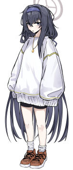 1girl absurdres alternate_costume black_hair black_shorts blue_archive blue_eyes blue_hairband commentary_request full_body guwall hairband halo highres jewelry long_hair long_sleeves necklace oversized_clothes oversized_sweater parted_lips shoes short_shorts shorts simple_background sleeves_past_fingers sleeves_past_wrists sneakers socks solo standing sweater ui_(blue_archive) very_long_hair white_background white_socks white_sweater