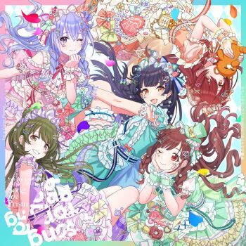 5girls album_cover brown_eyes cover dress green_dress green_nails highres holding holding_stuffed_toy idolmaster idolmaster_shiny_colors idolmaster_shiny_colors_song_for_prism long_hair looking_at_viewer mayuzumi_fuyuko multiple_girls nanakusa_nichika official_art open_mouth osaki_tenka red_eyes smile sonoda_chiyoko stuffed_animal stuffed_toy suzuki_hana