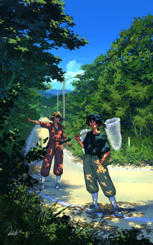 2girls :d bag black_hair black_shirt blue_sky bug butterfly_net dappled_sunlight day hand_net hands_in_pockets hat highres holding holding_butterfly_net jumpsuit low_ponytail multiple_girls natsuno_kanasemi nature open_mouth original outdoors pants path plant pointing ponytail power_lines road shirt shirt_tucked_in shoes short_sleeves shoulder_bag sky smile summer sunlight twintails wasp