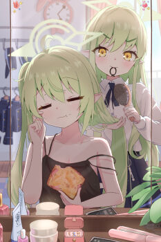 2girls ahoge black_camisole blue_archive bread brushing_another's_hair brushing_hair camisole closed_eyes closed_mouth collarbone collared_shirt comb food green_hair green_halo hair_brush halo highres hikari_(blue_archive) holding indoors long_hair long_sleeves mikumiku37 mirror mouth_hold multiple_girls nozomi_(blue_archive) pointy_ears shirt side_ponytail skirt white_shirt yellow_eyes