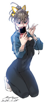 Rule 34 | 1girl, blush, breasts, brown eyes, brown hair, cellphone, covered navel, full body, highres, kneeling, nabipenciller, original, phone, selfie, shrug (clothing), small breasts, smartphone, solo, v