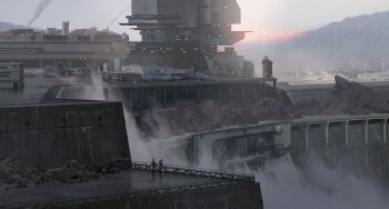 Rule 34 | 2others, ambiguous gender, building, chinese commentary, commentary, commentary request, concept art, day, english commentary, grand scale, highres, military base, mixed-language commentary, multiple others, original, outdoors, patton wang, scenery, very wide shot, wind turbine, windmill